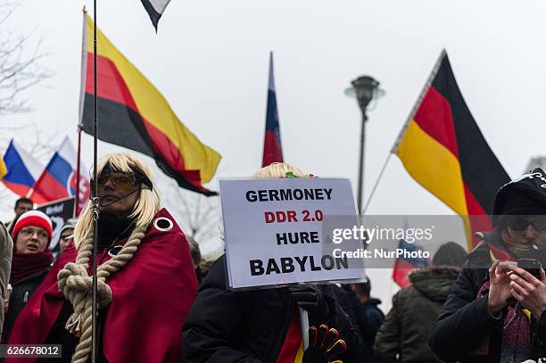 Supporters of the Pegida movement, in Berlin known by its local chapter as Baergida, carry flags and shoot anti-government slogan on November 26,...