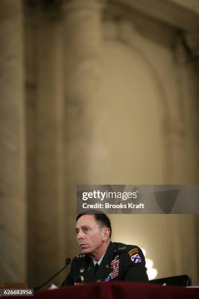 Lieutenant General David Petraeus testifies to the Senate Armed Forces Committee about his nomination to be general and commander of the...