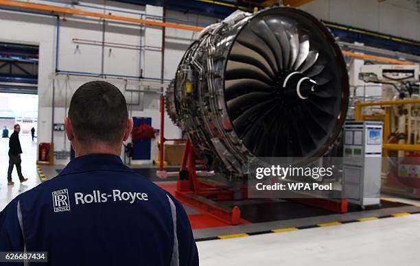 View of the Rolls Royce Trent XWB engines on the assembly line at the Rolls Royce factory as Prince William, Duke of Cambridge visits the Rolls Royce...