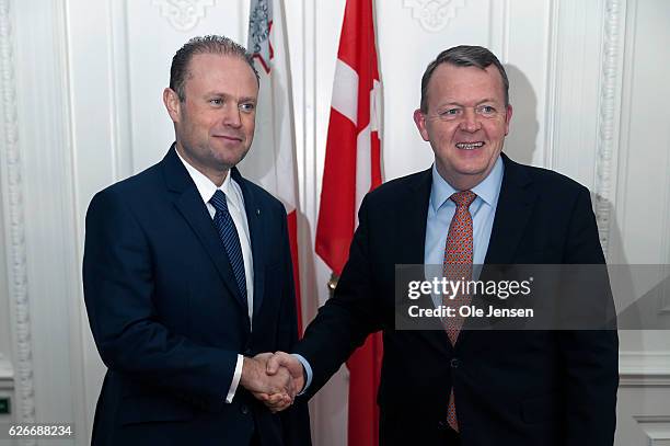 Prime Minister Lars Lokke Rasmussen welcomes visiting Maltese Prime Minister Joseph Muscat at the Ministry of State on November 30, 2016 in...