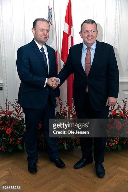 Prime Minister Lars Lokke Rasmussen welcomes visiting Maltese Prime Minister Joseph Muscat at the Ministry of State on November 30, 2016 in...