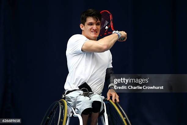 Argentina's Gustavo Fernandez in action during his match against Maikel Scheffers of Hollands on Day 1 of NEC Wheelchair Tennis Masters at Queen...