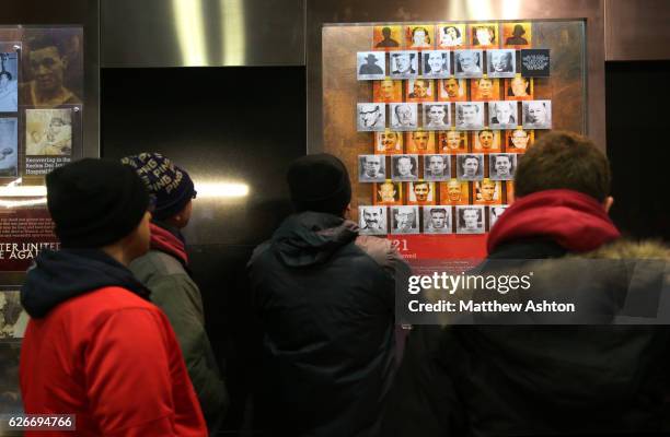 Fans of Manchester United remember the players who died in the Munich Air Disaster on February 6th 1958 by looking at the museum plaques in the...