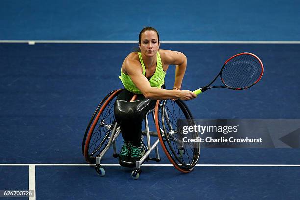 Jiske Griffioen of Holland in action during her match against Sabine Ellerbrock of Germany on Day 1 of NEC Wheelchair Tennis Masters at Queen...