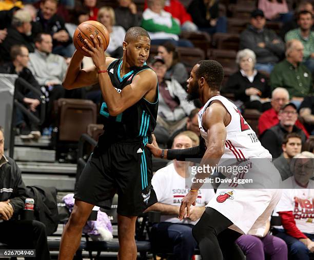 Rodney Williams of the Greensboro Swarm prepares to make a move against Jabril Trawick from the Sioux Falls Skyforce at the Sanford Pentagon November...