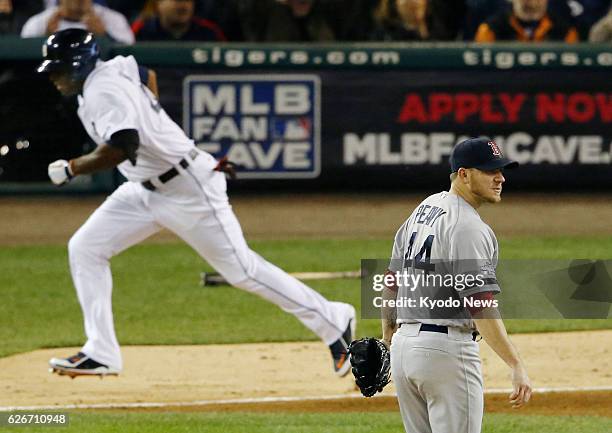 United States - Boston Red Sox starter Jake Peavy allows a two-run double by Detroit Tigers outfielder Torii Hunter in the second inning of Game 4 of...