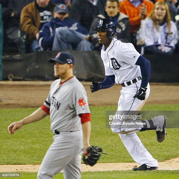 United States - Boston Red Sox starter Jake Peavy allows an RBI single by Detroit Tigers outfielder Austin Jackson in the fourth inning of Game 4 of...