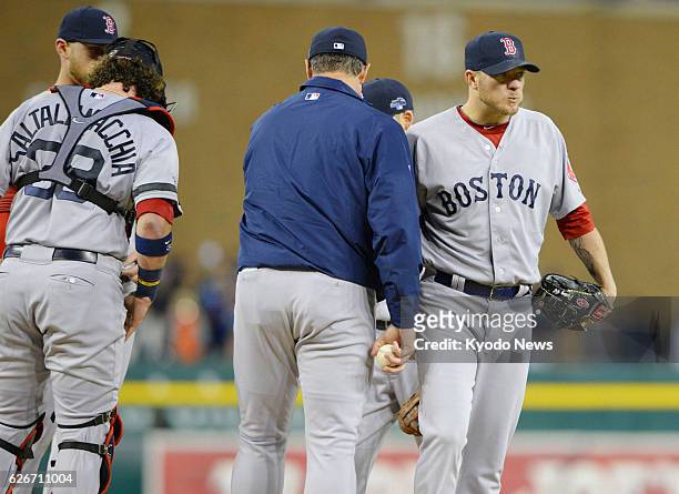 United States - Boston Red Sox starter Jake Peavy is pulled in the fourth inning of Game 4 of the American League Championship Series baseball game...