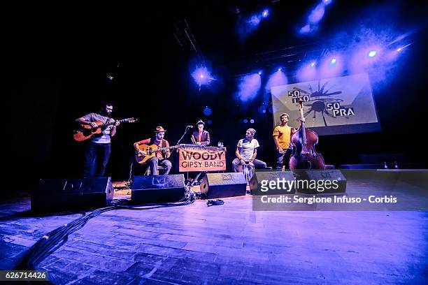 Italian jazz manouche group Woody Gipsy Band perform on stage for the show 'Sottosopra': Roberto Saviano Meets The Audience on November 28, 2016 in...