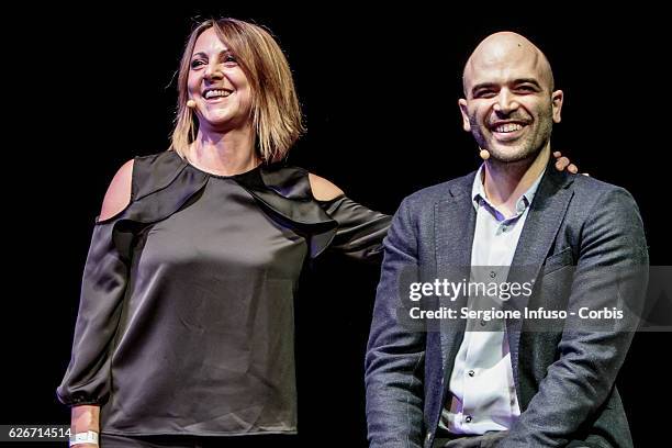 Italian actress and comic Debora Villa presents the show 'Sottosopra': Roberto Saviano Meets The Audience on November 28, 2016 in Milan, Italy.