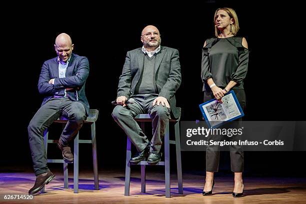 Italian actress and comic Debora Villa presents the show 'Sottosopra': Roberto Saviano Meets The Audience with Artistic Director of Nuovo Teatro...