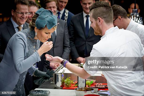Queen Mathilde of Belgium visits the Sligro Foodgroup Netherlands on November 30, 2016 in Veghel, Netherlands.