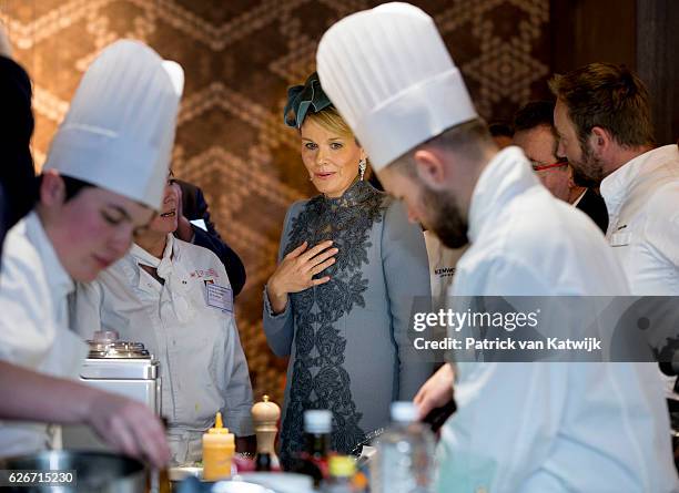 Queen Mathilde of Belgium visits the Sligro Foodgroup Netherlands on November 30, 2016 in Veghel, Netherlands.