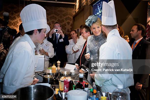 Queen Mathilde of Belgium visits the Sligro Foodgroup Netherlands on November 30, 2016 in Veghel, Netherlands.