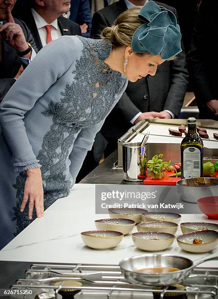 Queen Mathilde of Belgium visits the Sligro Foodgroup Netherlands on November 30, 2016 in Veghel, Netherlands.