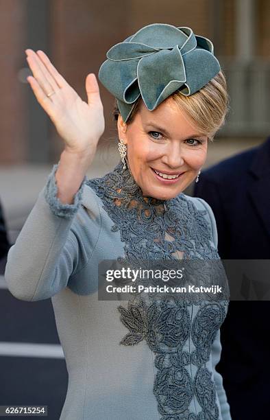 Queen Mathilde of Belgium visits the Sligro Foodgroup Netherlands on November 30, 2016 in Veghel, Netherlands.
