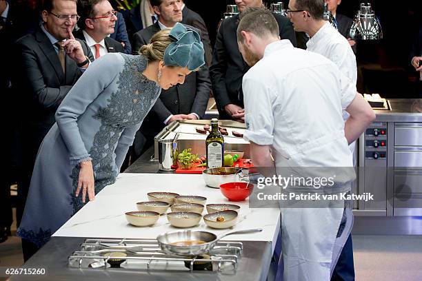 Queen Mathilde of Belgium visits the Sligro Foodgroup Netherlands on November 30, 2016 in Veghel, Netherlands.