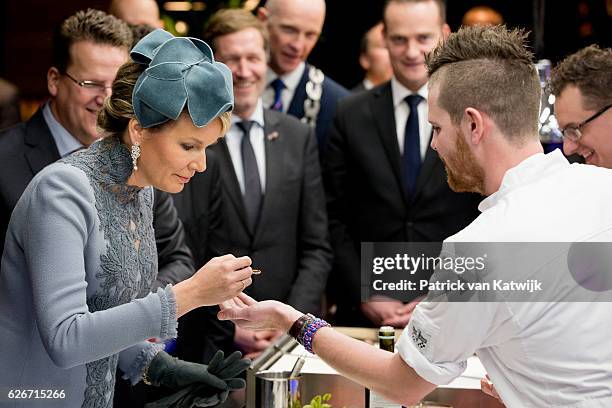 Queen Mathilde of Belgium visits the Sligro Foodgroup Netherlands on November 30, 2016 in Veghel, Netherlands.