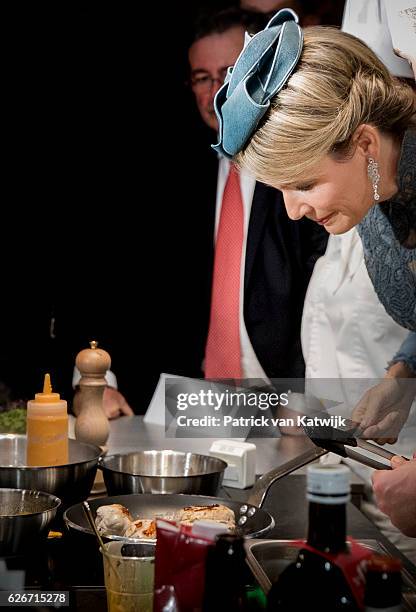Queen Mathilde of Belgium visits the Sligro Foodgroup Netherlands on November 30, 2016 in Veghel, Netherlands.