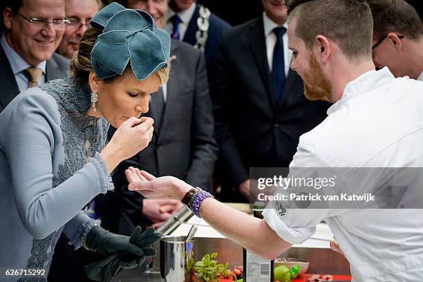 Queen Mathilde of Belgium visits the Sligro Foodgroup Netherlands on November 30, 2016 in Veghel, Netherlands.