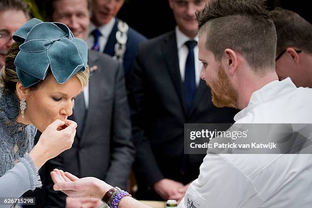 Queen Mathilde of Belgium visits the Sligro Foodgroup Netherlands on November 30, 2016 in Veghel, Netherlands.