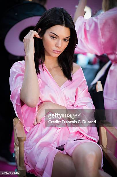 Kendall Jenner has her make-up and hair done backstage prior the 2016 Victoria's Secret Fashion Show on November 30, 2016 in Paris, France.