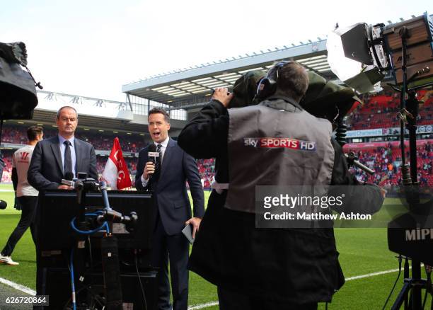 Steve Clarke and David Jones broadcast live for Sky Sports Television at Anfield
