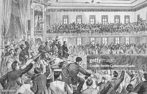 Illustration of the second day of the democratic state convention in Tweedle Hall, Albany, New York, 1877. .