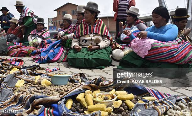 Aymara indigenous women take part in an "apthapi" after a group of "amautas" -masters in Quechua language- performed the ritual of Jallupacha , to...