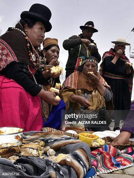 Aymara indigenous women take part in an "apthapi" after a group of "amautas" -masters in Quechua language- performed the ritual of Jallupacha , to...