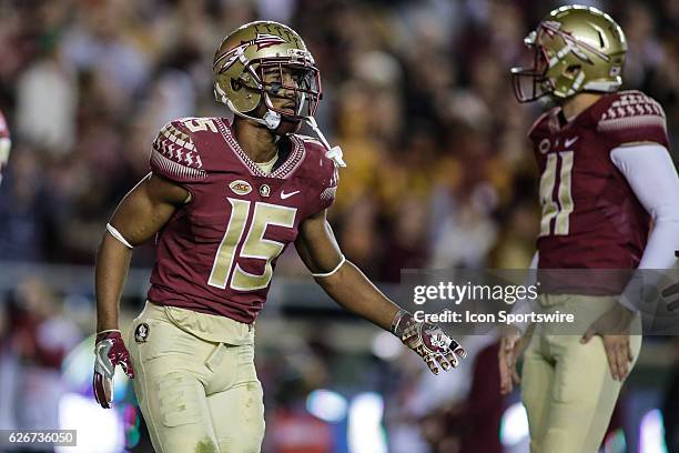 Florida State Seminoles wide receiver Travis Rudolph celebrates a touchdown during the NCAA football game between the Florida Gators and the Florida...