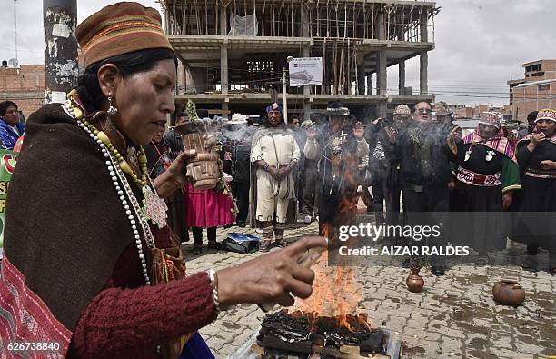 Group of "amautas" -masters in Quechua language- take part in the ritual of Jallupacha , to ask for rains, on November 30, 2016 in El Alto, Bolivia....