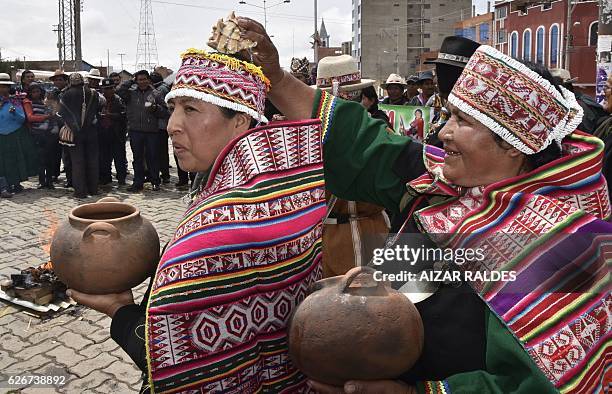 Group of "amautas" -masters in Quechua language- take part in the ritual of Jallupacha , to ask for rains, on November 30, 2016 in El Alto, Bolivia....