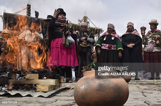 Group of "amautas" -masters in Quechua language- take part in the ritual of Jallupacha , to ask for rains, on November 30, 2016 in El Alto, Bolivia....