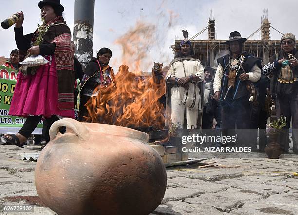 Group of "amautas" -masters in Quechua language- take part in the ritual of Jallupacha , to ask for rains, on November 30, 2016 in El Alto, Bolivia....