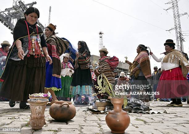 Group of "amautas" -masters in Quechua language- take part in the ritual of Jallupacha , to ask for rains, on November 30, 2016 in El Alto, Bolivia....
