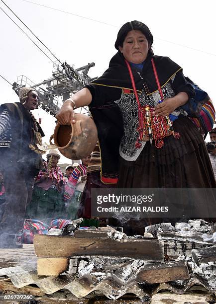 Group of "amautas" -masters in Quechua language- take part in the ritual of Jallupacha , to ask for rains, on November 30, 2016 in El Alto, Bolivia....