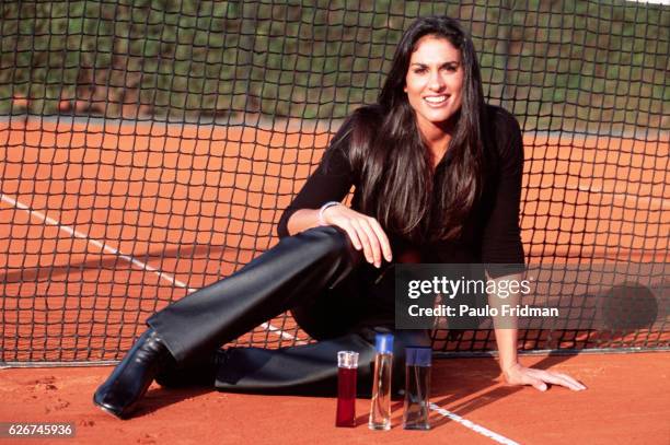 Gabriela Sabatini shows off her new line of products, including perfumes, watches, bath towels and robes, at the Buenos Aires Lawn Tennis Club. ---...