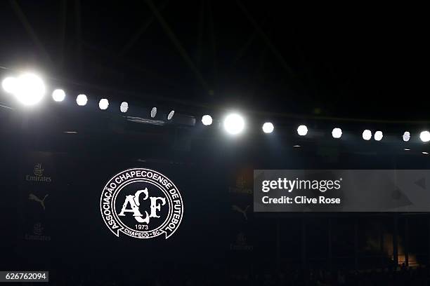 Detailed view of the Chapecoense badge during a minutes silence ahead of the EFL Cup quarter final match between Arsenal and Southampton at the...