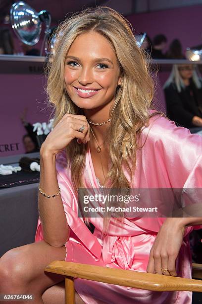 Model Romee Strijd prepares before the 2016 Victoria's Secret Fashion Show at Le Grand Palais in Paris on November 30, 2016 in Paris, France.