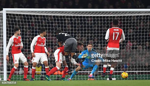 Ryan Bertrand of Southampton scores his team's second goal of the game during the EFL Cup quarter final match between Arsenal and Southampton at the...