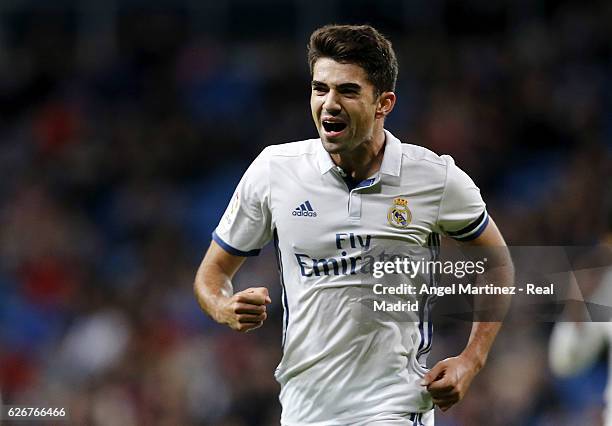 Enzo Zidane of Real Madrid celebrates after scoring his team's fourth goal during the Copa del Rey round of 32 second leg match between Real Madrid...