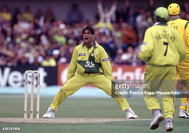 Pakistan bowler Shoaib Akhtar appeals for a wicket during the World Cup group match between Australia and Pakistan at Headingley, Leeds, 23rd May...