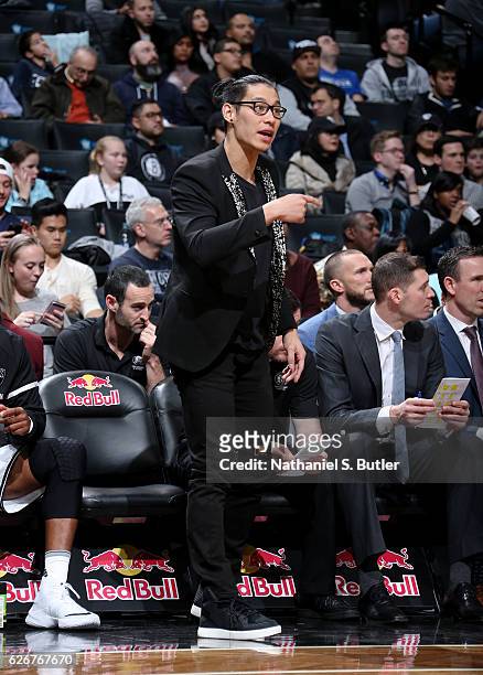 Jeremy Lin of the Brooklyn Nets talks to his team from the bench during the game against the Sacramento Kings on November 27, 2016 at Barclays Center...