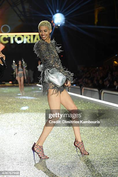 Jourdana Phillips walks the runway during the 2016 Victoria's Secret Fashion Show on November 30, 2016 in Paris, France.