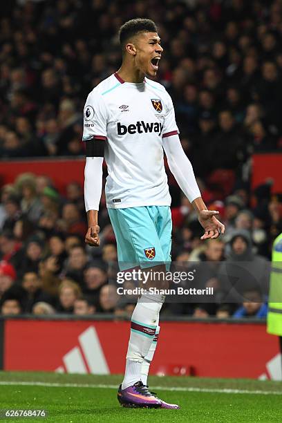 Ashley Fletcher of West Ham United celebrates after scoring his team's first goal of the game during the EFL Cup quarter final match between...