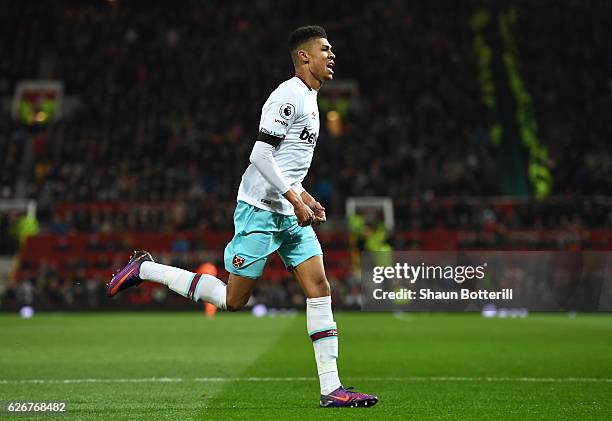 Ashley Fletcher of West Ham United celebrates after scoring his team's first goal of the game during the EFL Cup quarter final match between...