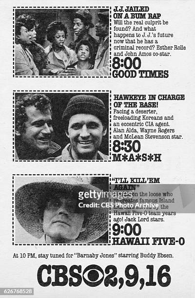 Television advertisement as appeared in the September 21, 1974 issue of TV Guide magazine. An ad for the Tuesday primetime line-up: Good Times ; MASH...