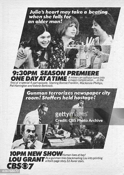 Television advertisement as appeared in the September 24, 1977 issue of TV Guide magazine. An ad for the Tuesday primetime programs: One Day At a...