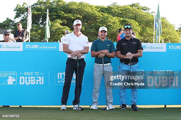 Richard Green, Jordan Smith and Ryan Fox pose on the 1st hole before tee off during day one of the 2016 Australian PGA Championship at RACV Royal...